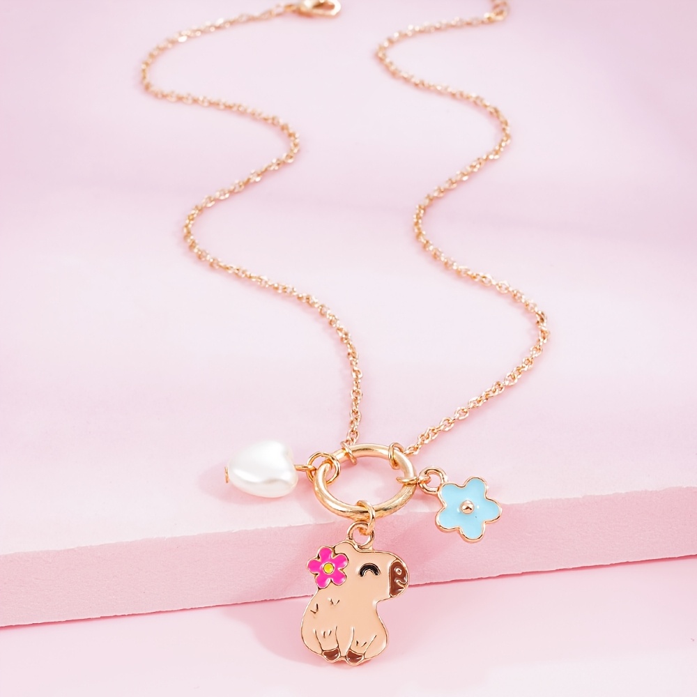 Girls' Capybara Enamel Flower Heart Pendant Necklace